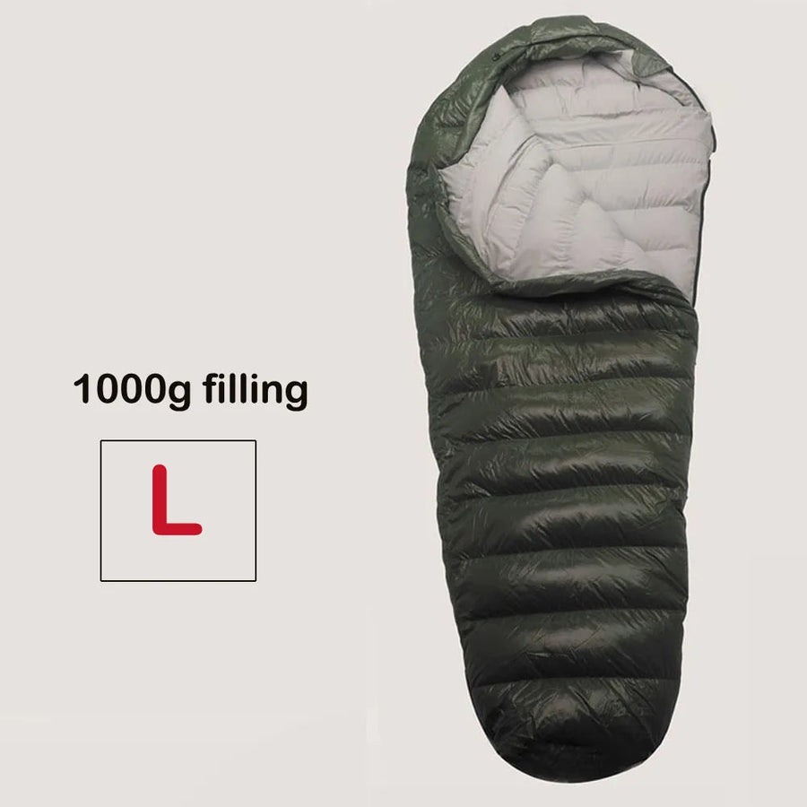 Green sleeping bag with 1000g filling label on a light gray background