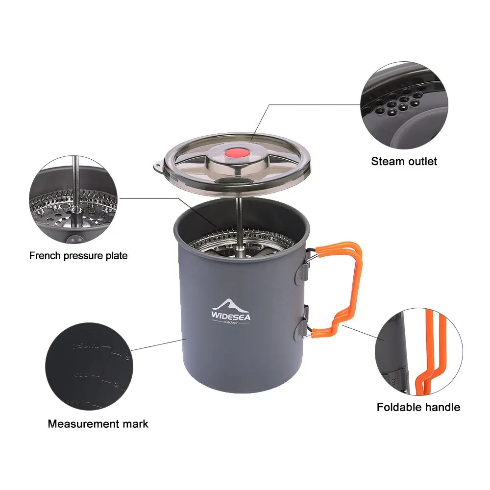 Camping coffee maker with labeled parts on a white background