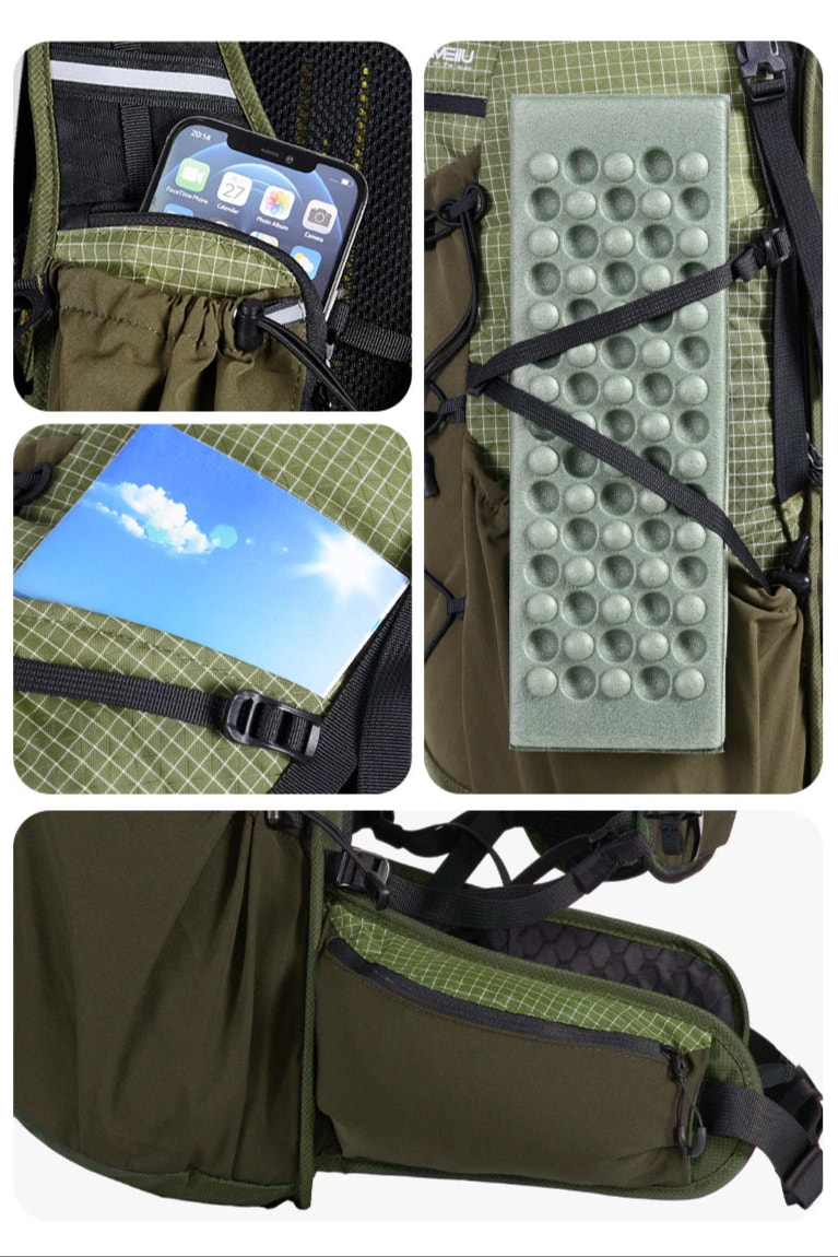 Collage of a green backpack with various features including a phone, tablet, and foam pad.