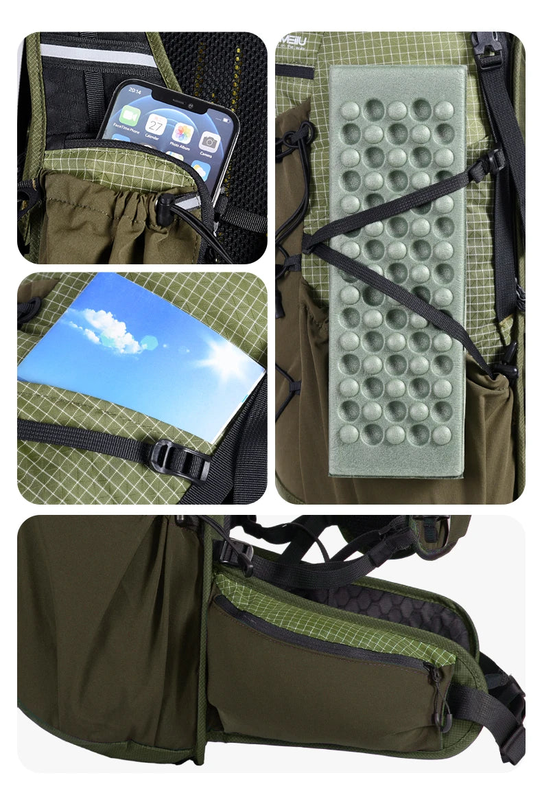 Collage of a green backpack with various features including a phone, tablet, and foam pad.