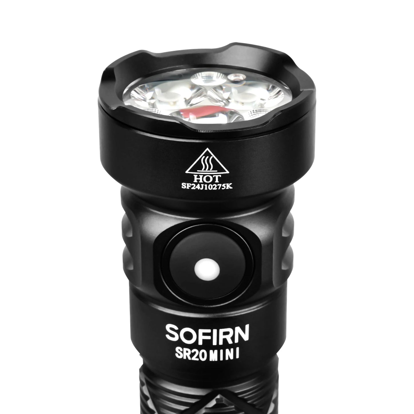 Black flashlight with visible branding on a white background