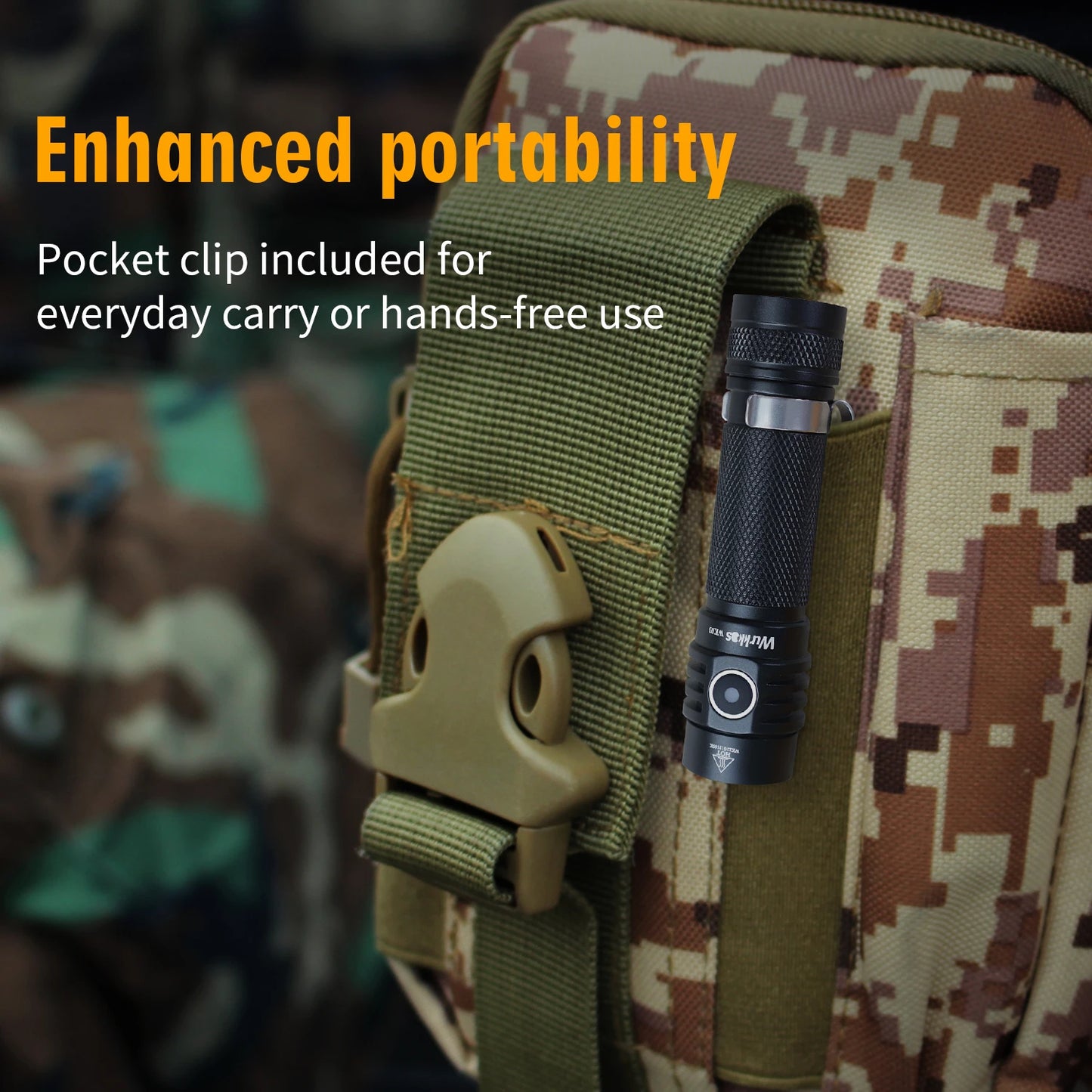Camouflage bag with a flashlight attached using a pocket clip, emphasizing enhanced portability.
