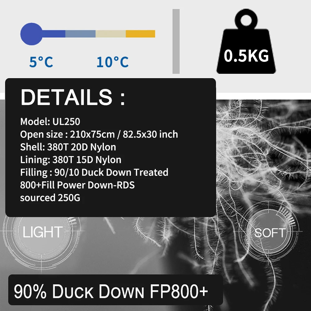 Product details with temperature gauge, weight indicator, and technical specifications on a black background.