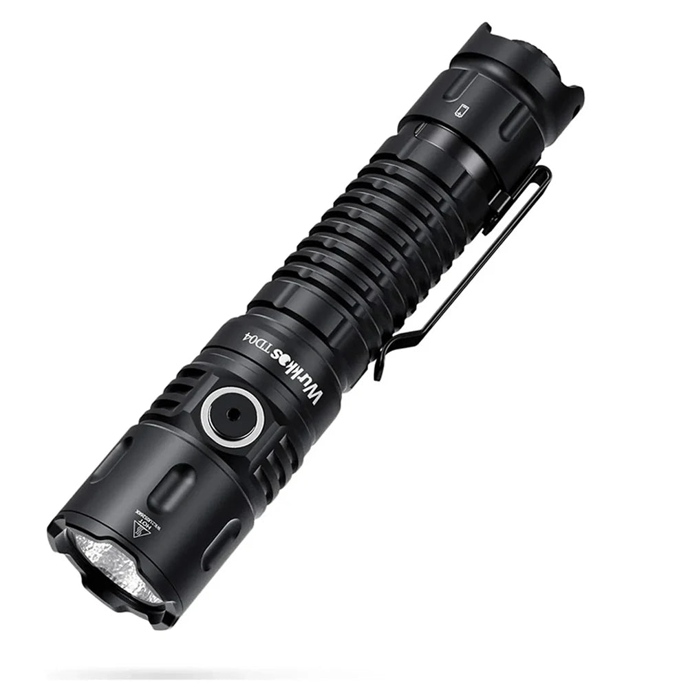 Black Wurkkos TD04 flashlight with visible brand name on a white background