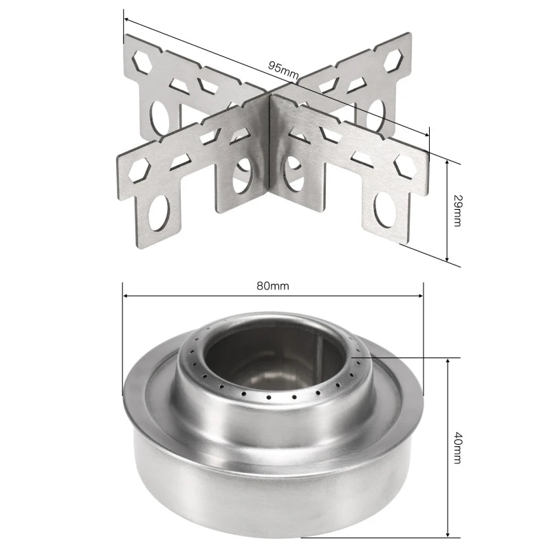 Stainless steel camping stove with dimensions on a white background
