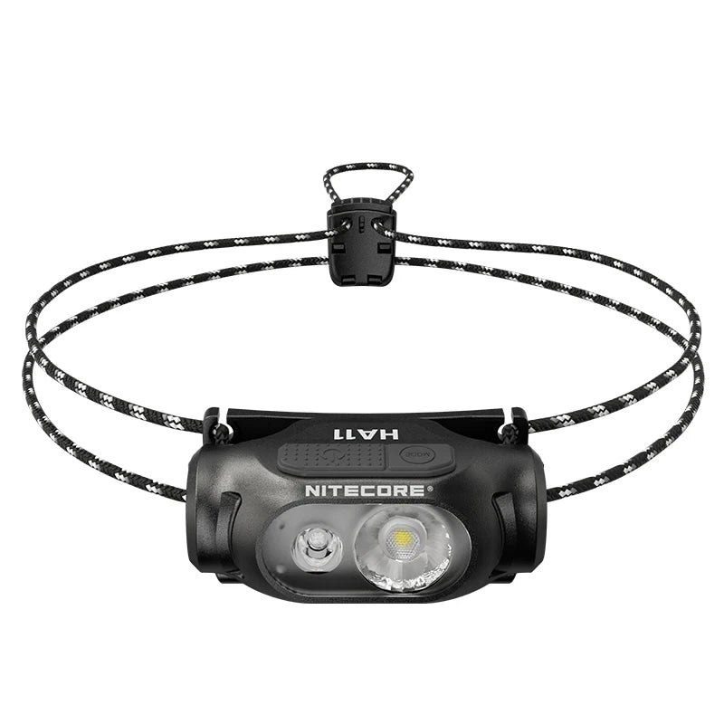 Nitecore headlight with a black strap on a white background