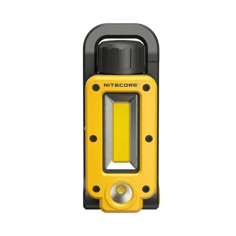 Nitecore work light with yellow body and black accents on a white background