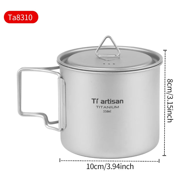 Titanium mug with handle and lid, featuring 'Tiartisan' branding, on a white background with dimensions displayed.