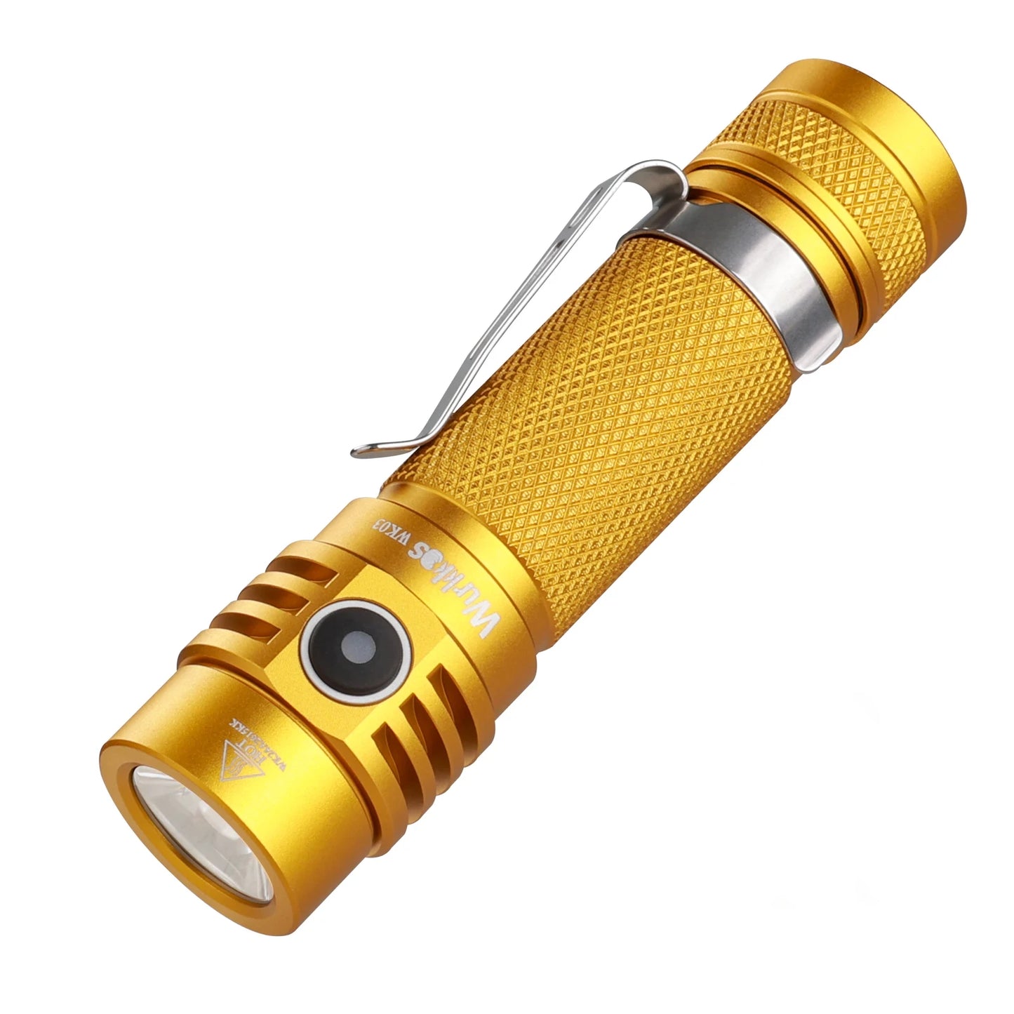Gold flashlight with a silver clip on a white background