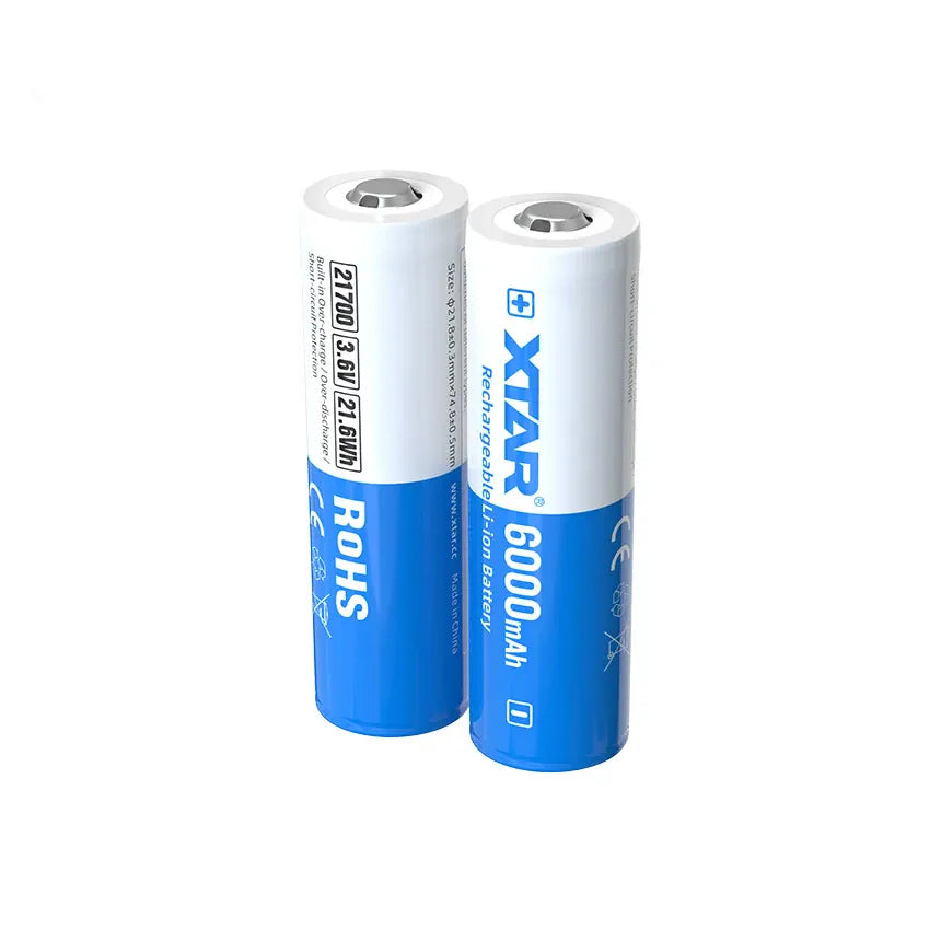 Two cylindrical batteries with Xtar branding on a white background