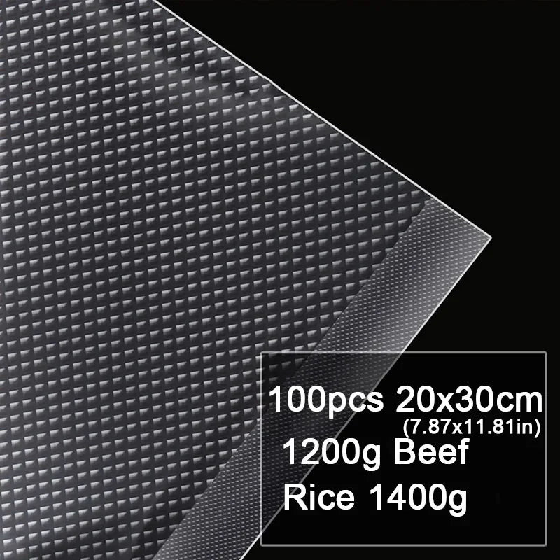 Black textured sheet with text indicating quantity and weight of beef and rice on a black background