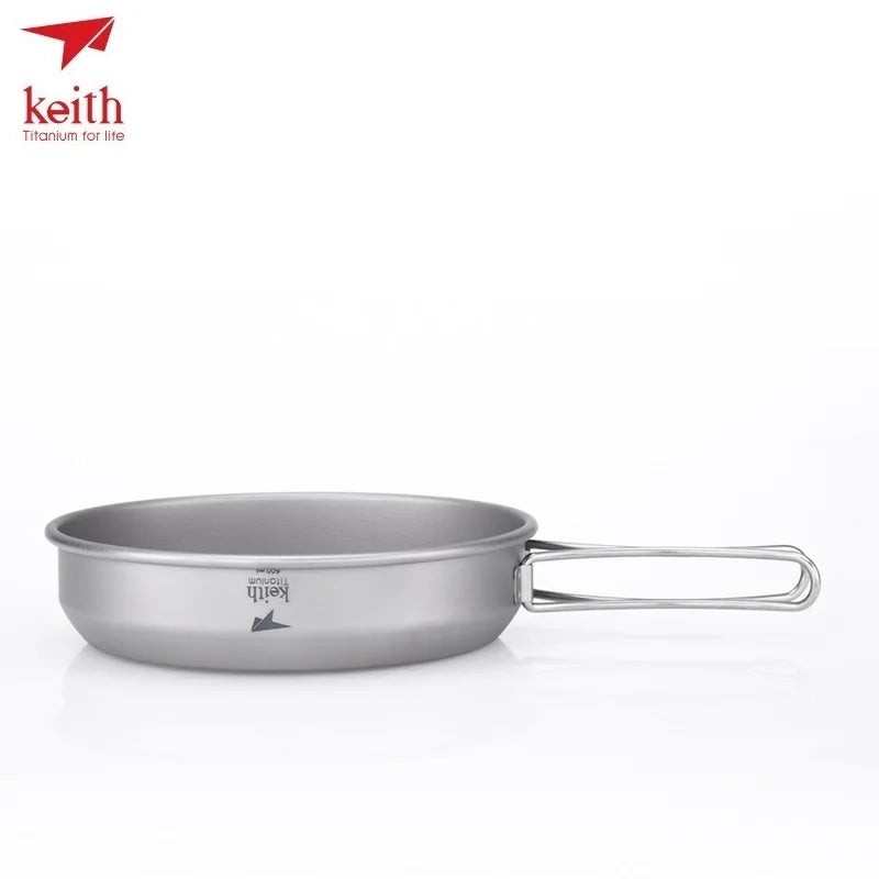 Titanium frying pan with handle on a white background, featuring the Keith brand.