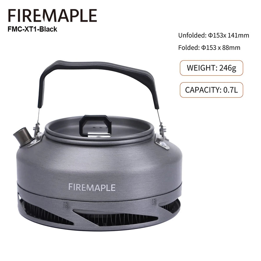Firemaple 0.7L Black camping kettle with specifications on a white background