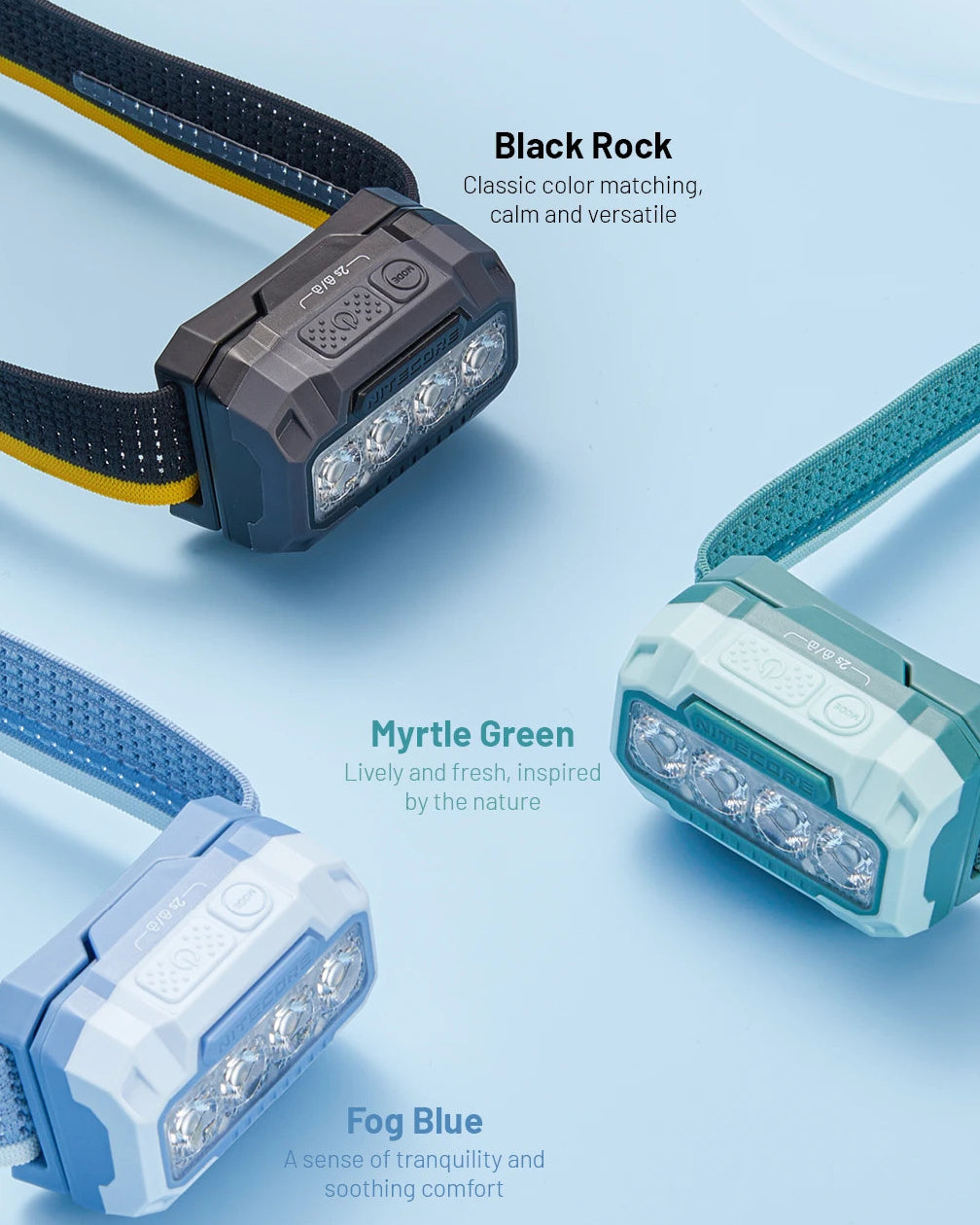 Three headlamps in Black Rock, Myrtle Green, and Fog Blue on a light blue background.