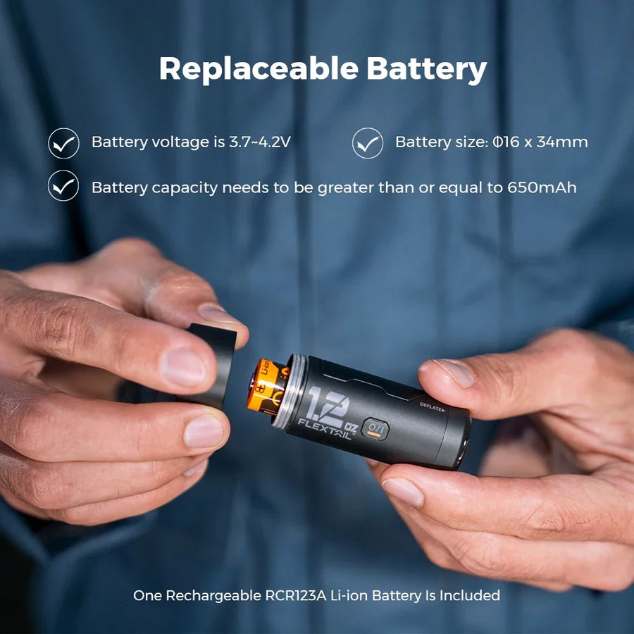 Person holding a replaceable battery with specifications displayed on a blue background