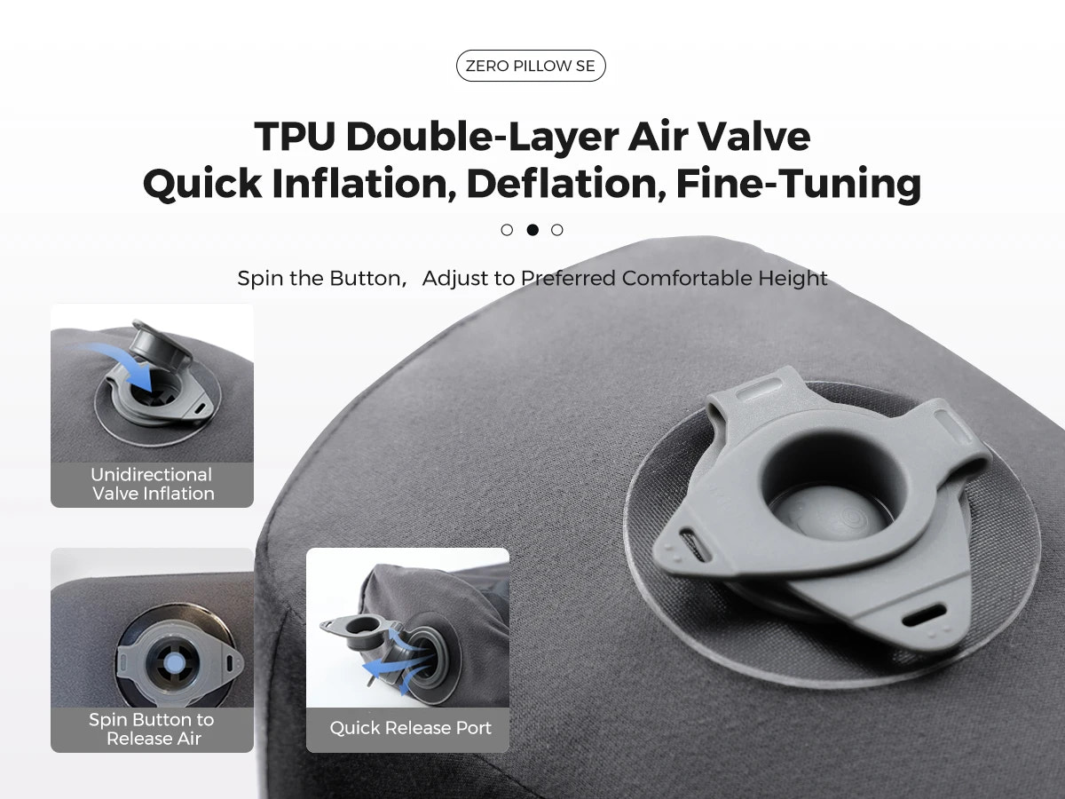 Gray TPU double-layer air valve with features highlighted on a white background