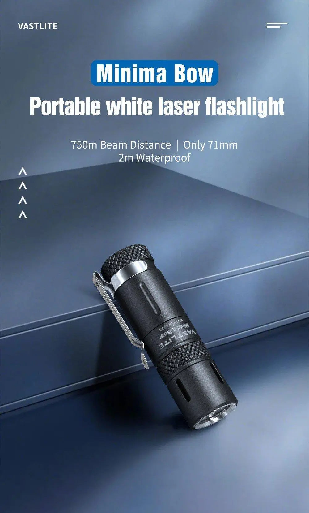 Vastlite Minima Bow portable white laser flashlight on a blue background