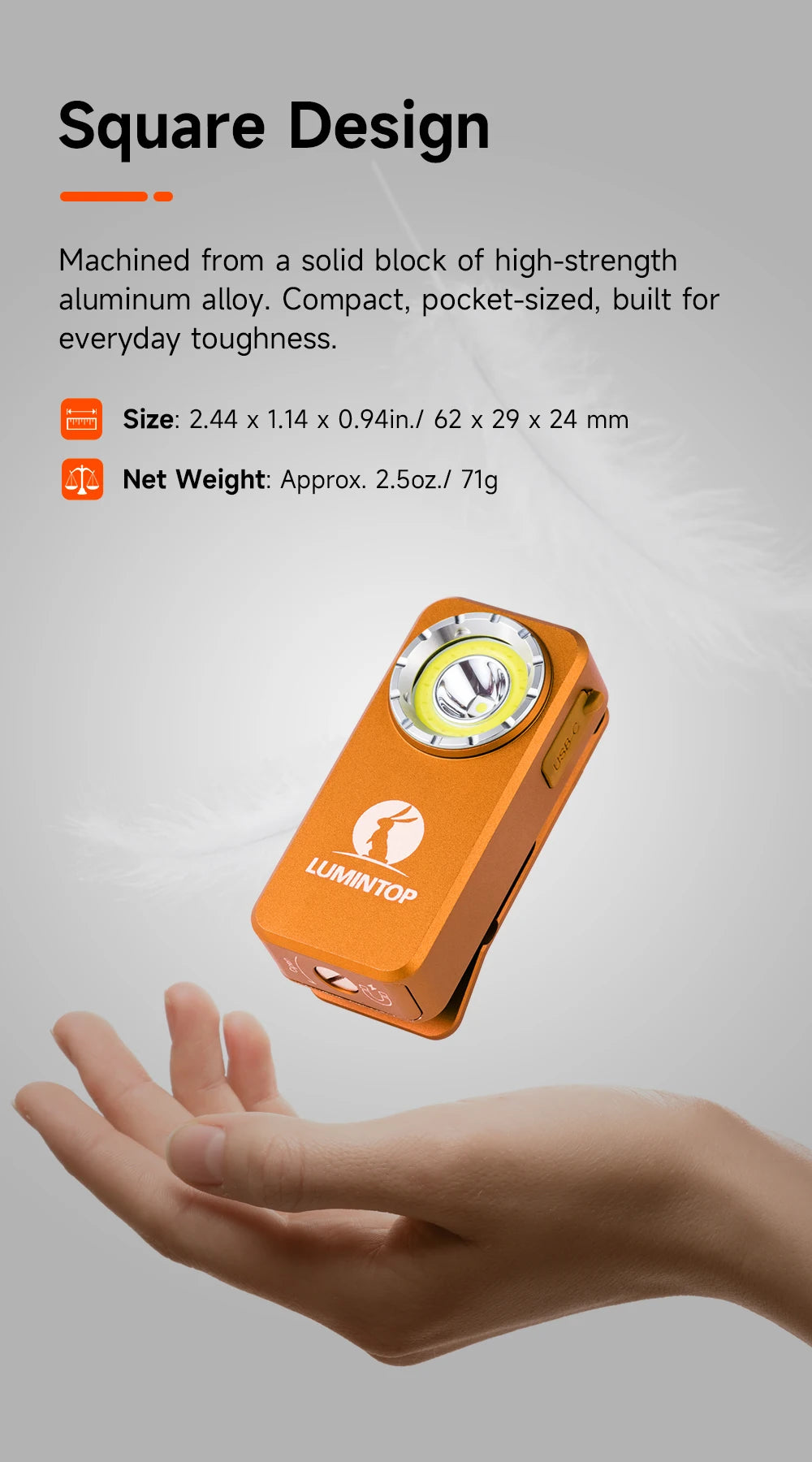 Orange square-shaped tool held in a hand with product details on a gray background