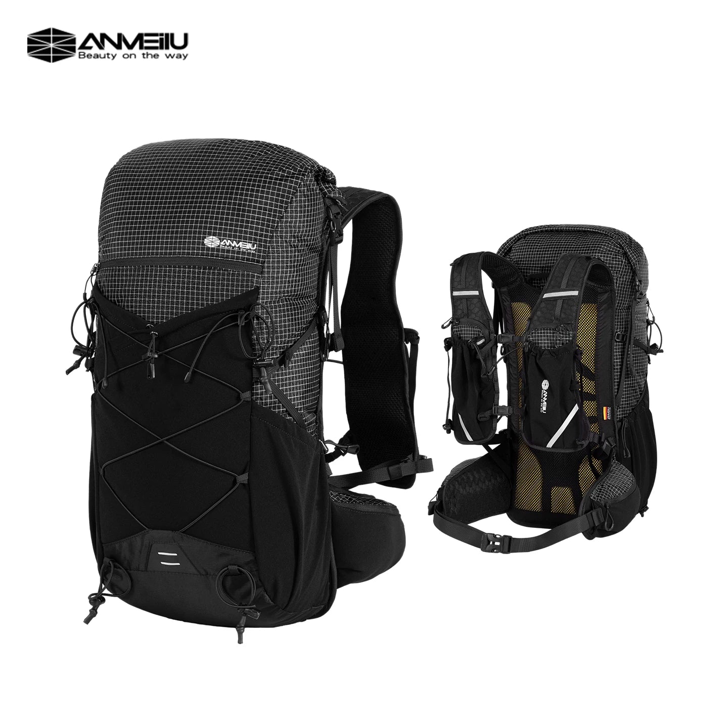 Black backpack with detailed design on a white background, featuring the Anmeilu brand.