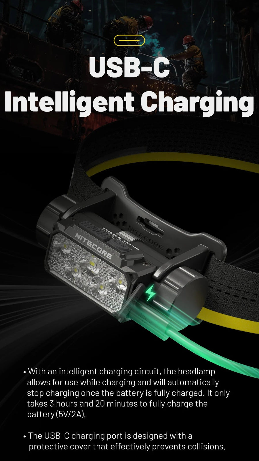 Headlamp with USB-C intelligent charging feature on a dark background