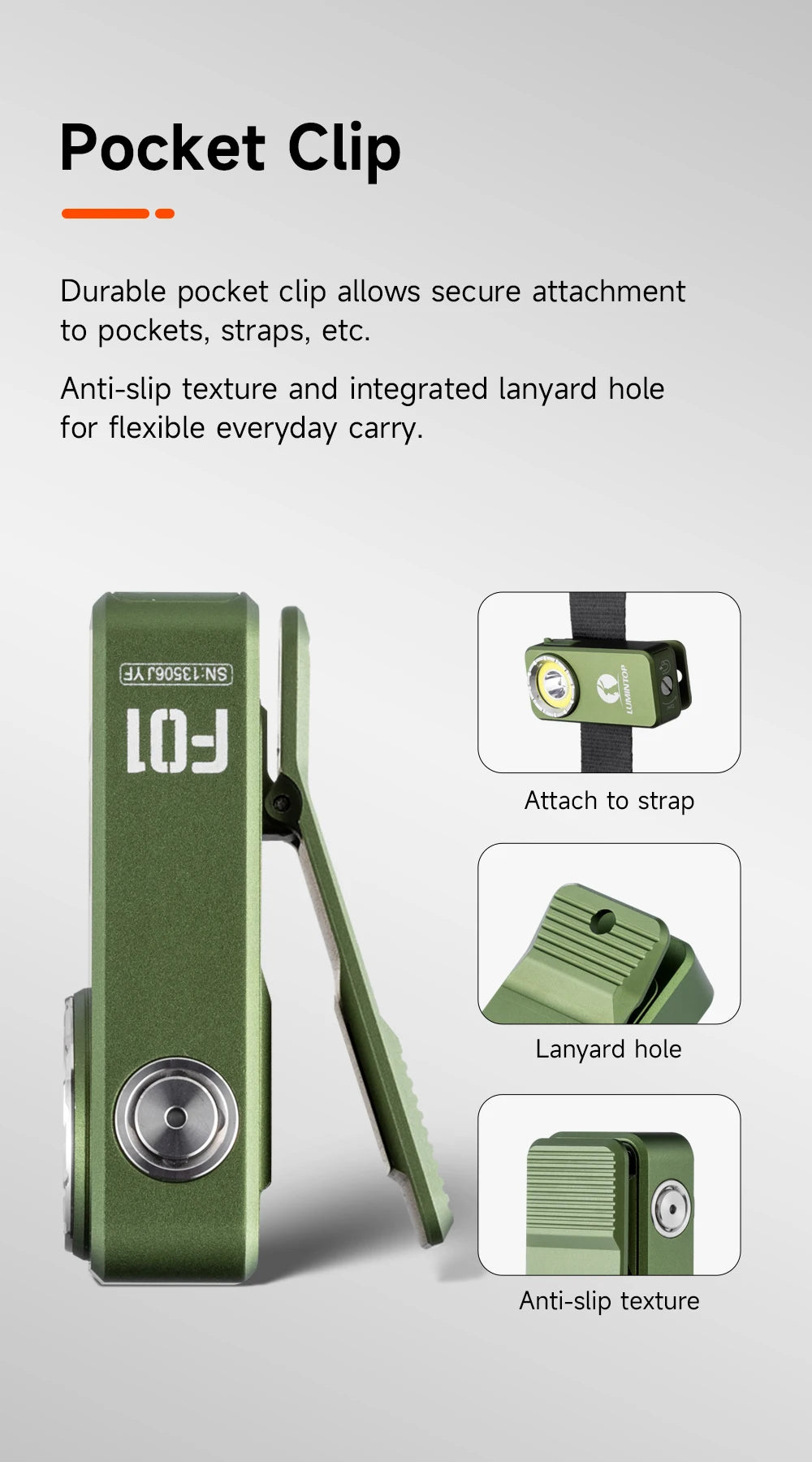 Green pocket clip with text and icons on a white background