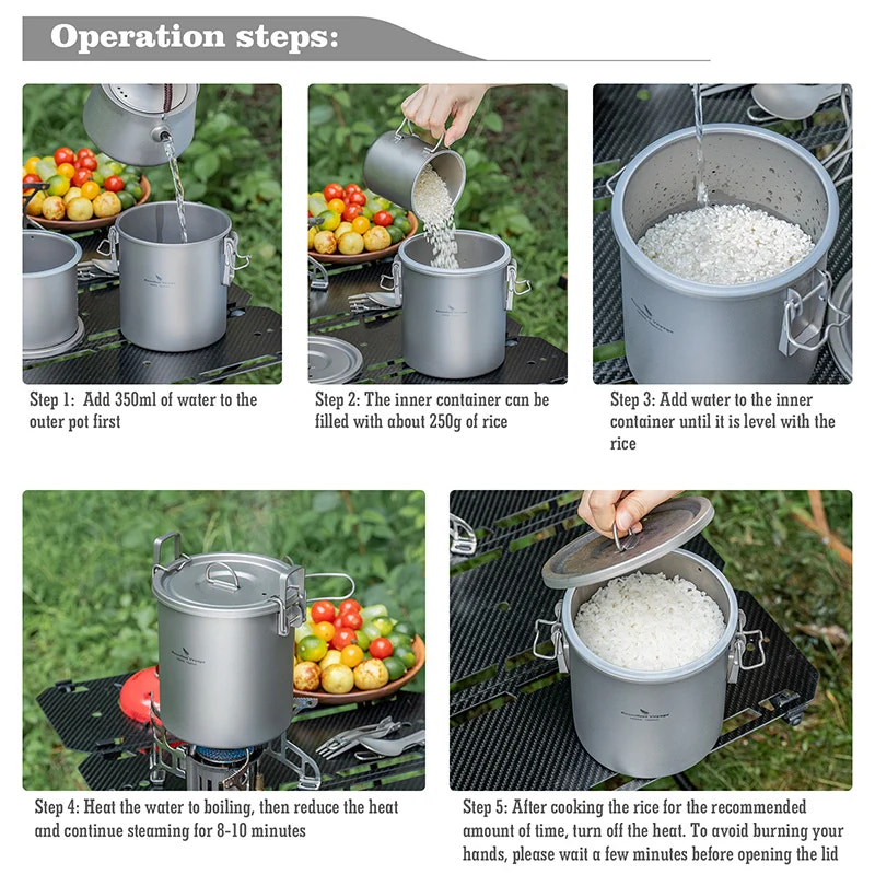 Step-by-step guide on how to cook rice using a portable rice cooker with images and text.