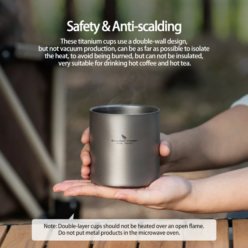 Person holding a titanium cup with text about safety and anti-scalding properties.