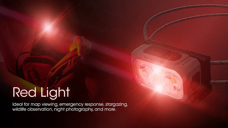Red light device with text on a dark background