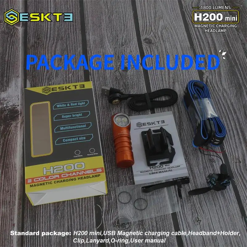 Skilhunt ESKTE H200 mini headlamp package on a wooden surface