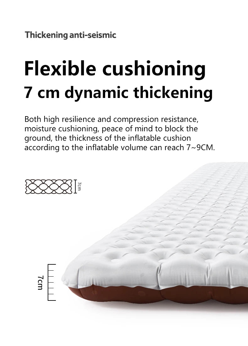 Inflatable mattress with text highlighting its thickening anti-seismic and flexible cushioning features.