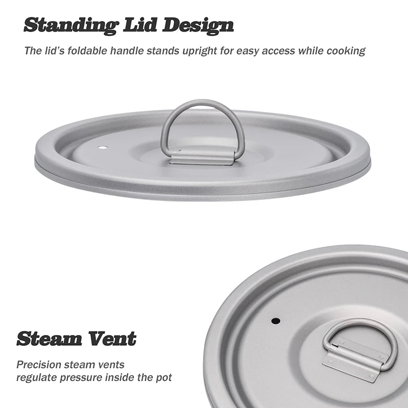 Gray pot lid with foldable handle and steam vent on a white background