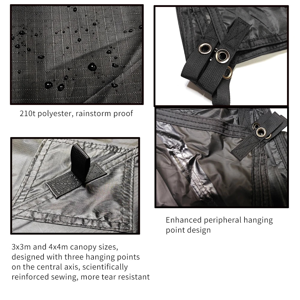 Collage of images showing features of a tarp with text describing material and design.