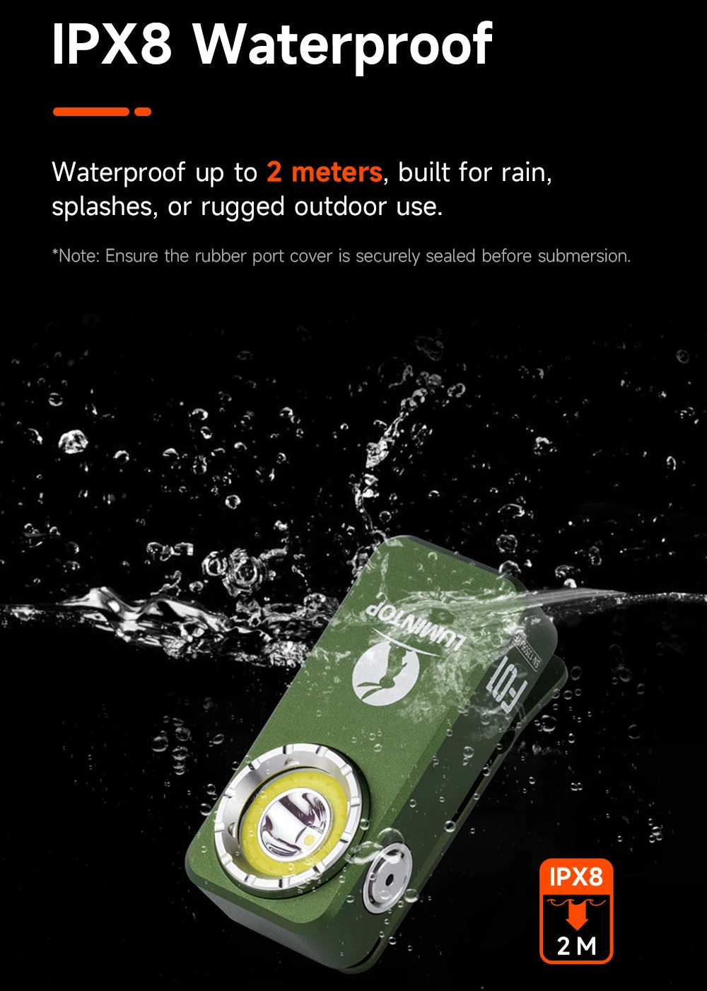 Green clip light with water splashes and IPX8 waterproof text on a black background