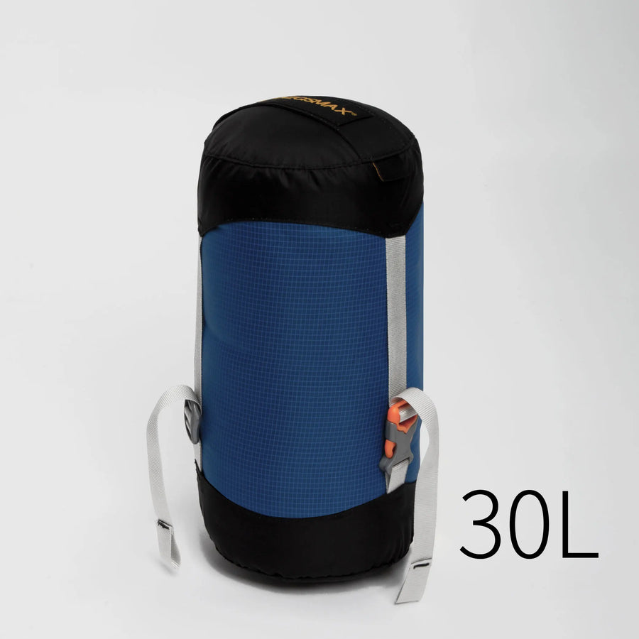 Blue and black sack with '30L' label on a white background
