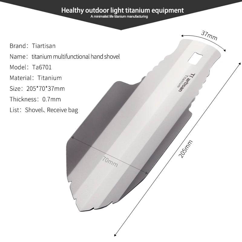 Titanium multifunctional hand shovel with dimensions and specifications on a white background