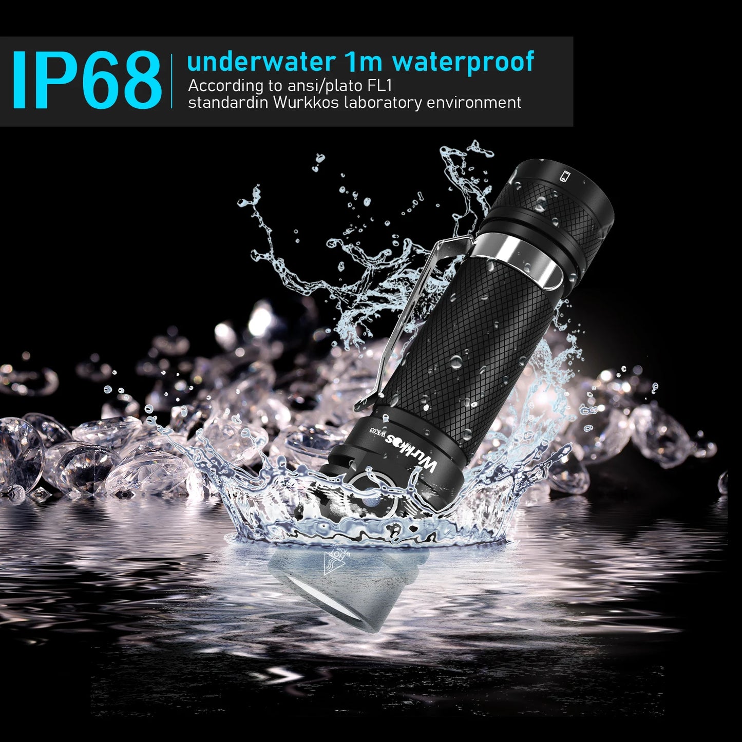 Black waterproof torch with water splashing around it, labeled IP68 underwater 1m.
