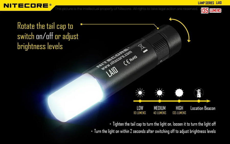 Nitecore flashlight with user manual text on a black background