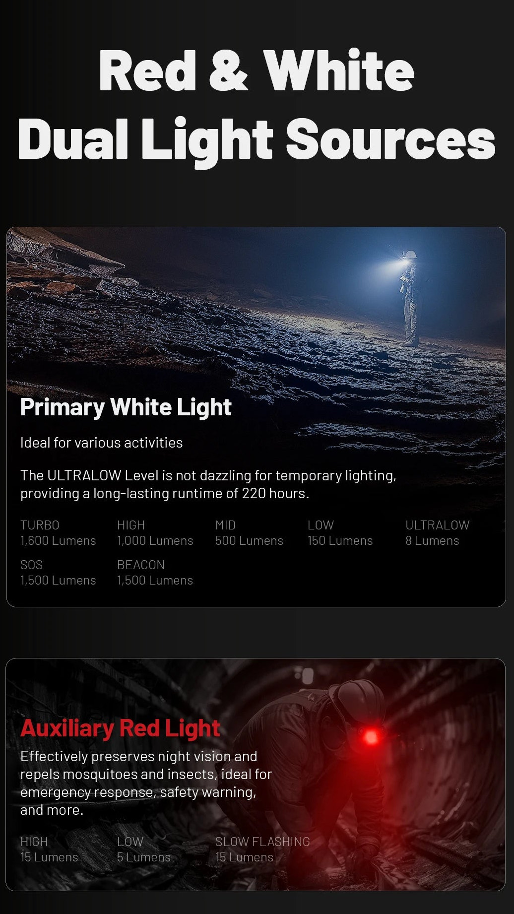 Dual light sources with red and white beams on a dark background