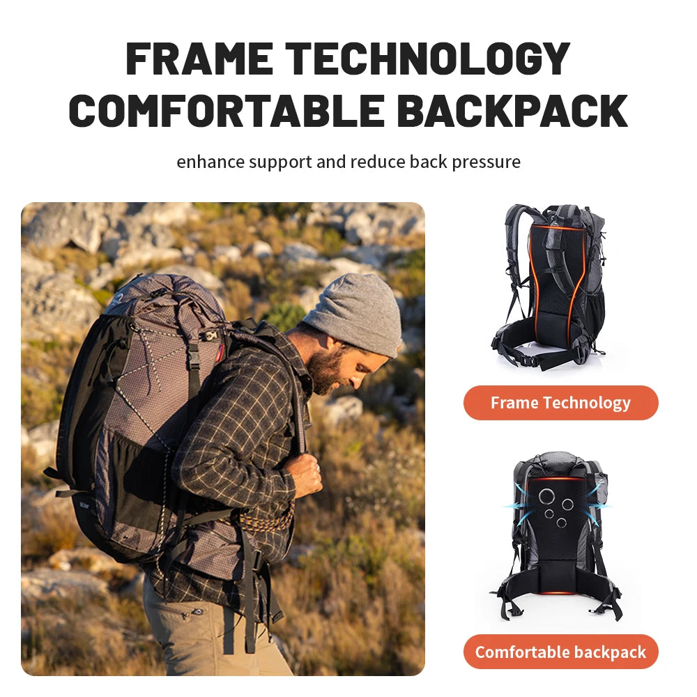 Person hiking with a backpack featuring frame technology, with text highlighting benefits on a white background.