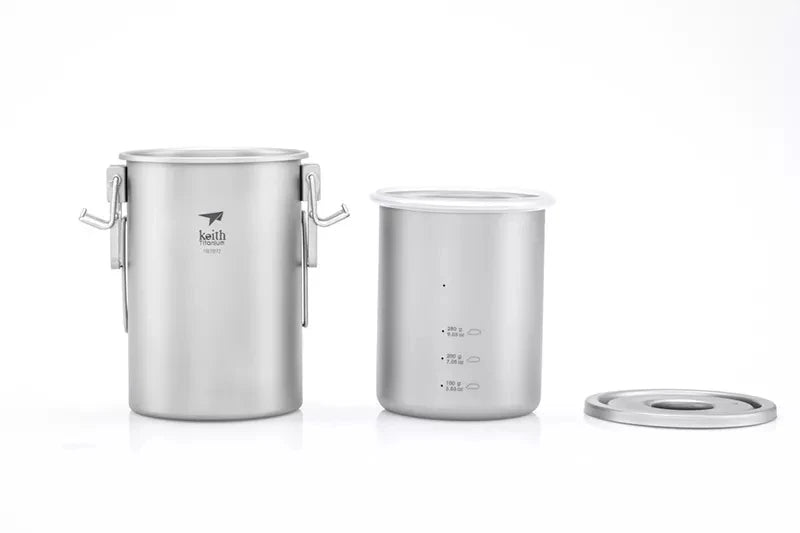 Titanium containers with lids on a white background