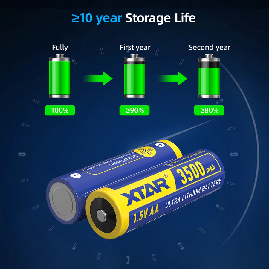 Battery with storage life illustration showing capacity decrease over years on a blue background