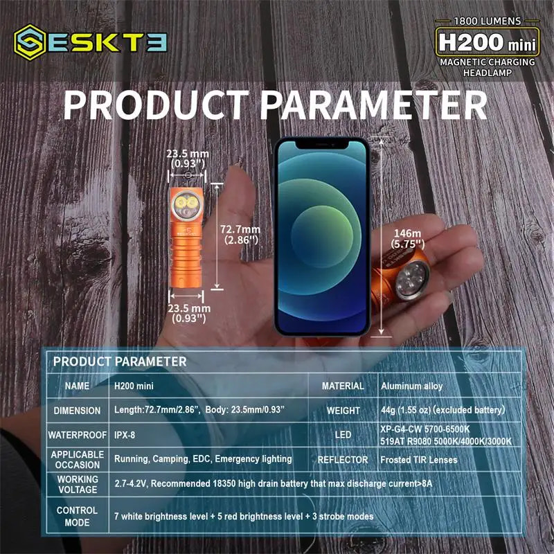 Product parameter display for a flashlight with dimensions and features on a wooden background