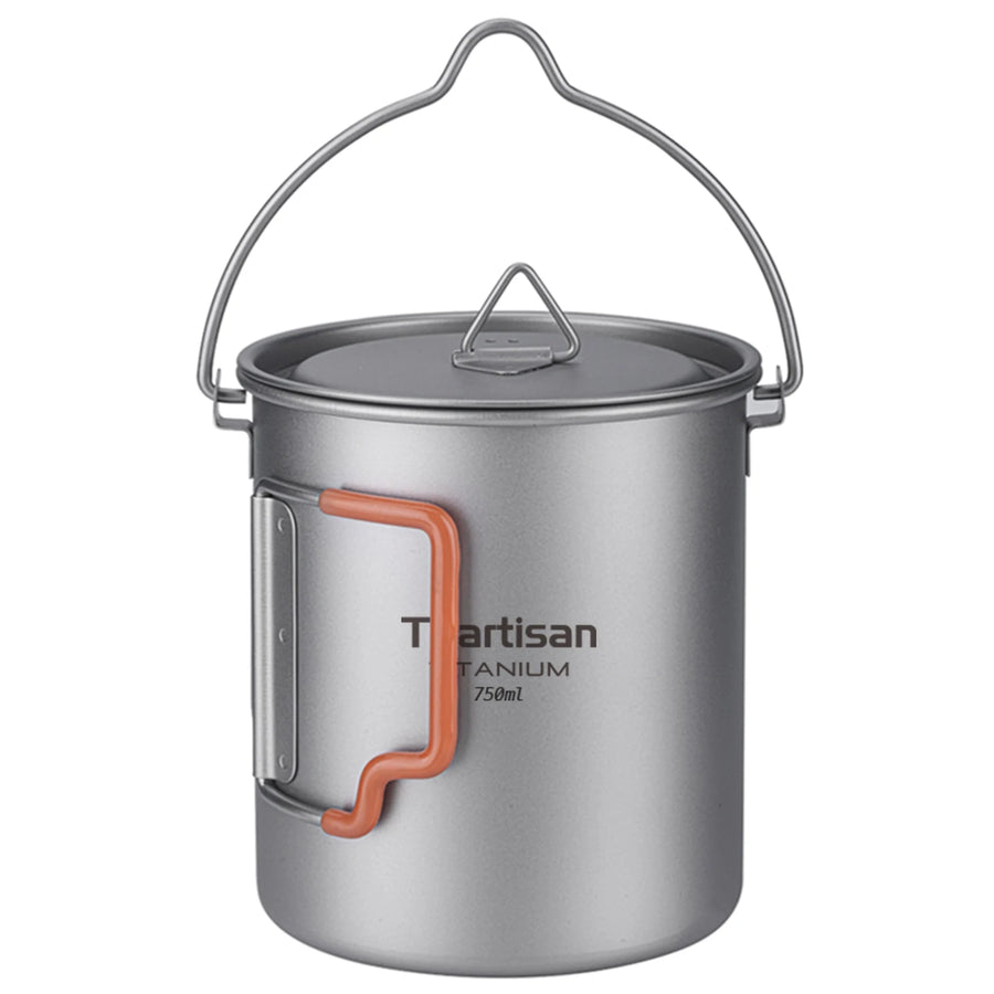 Titanium camping mug with orange handle and 'Tartisan' branding on a white background