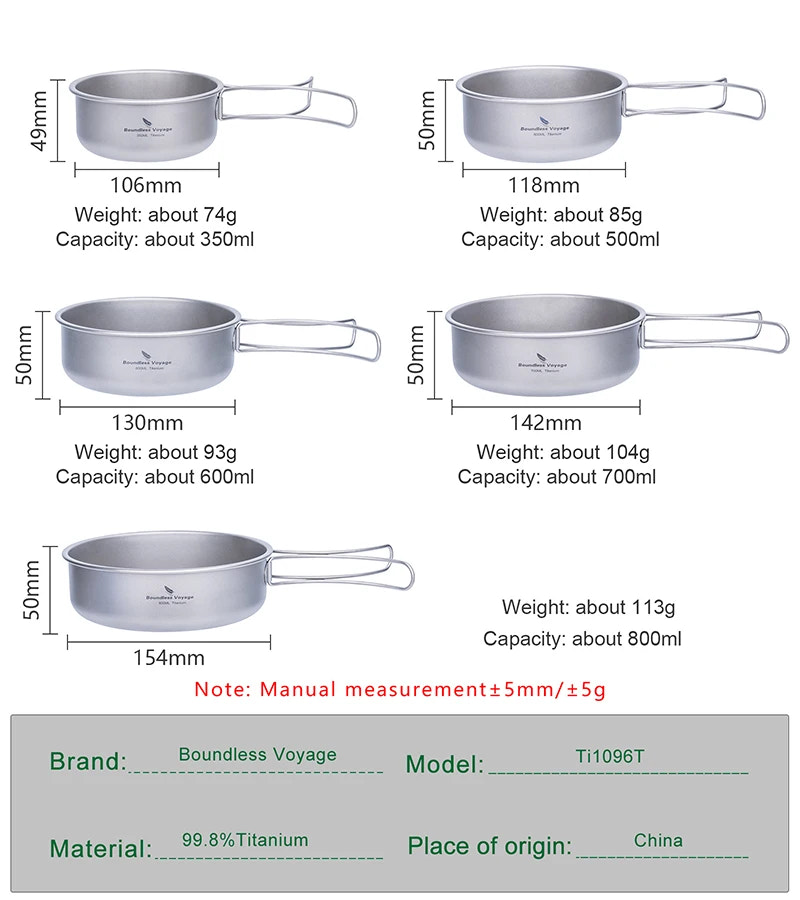 Set of titanium cookware with dimensions and weights displayed