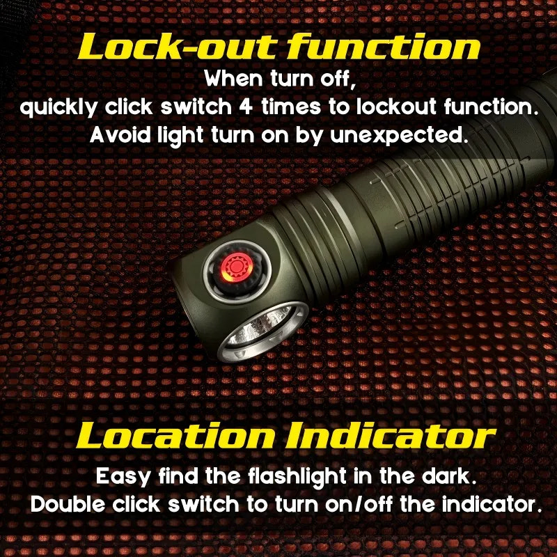 Flashlight with lock-out function and location indicator on a dark background
