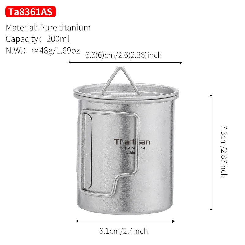 Pure titanium container with dimensions and material details on a white background