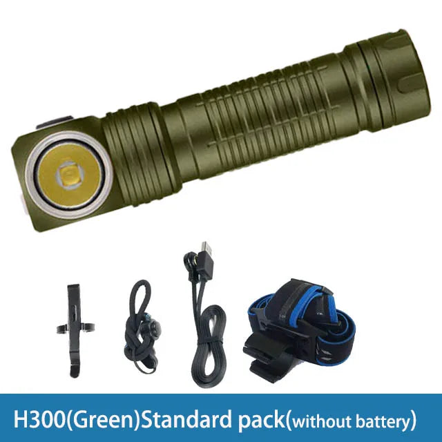 Green flashlight with accessories on a white background