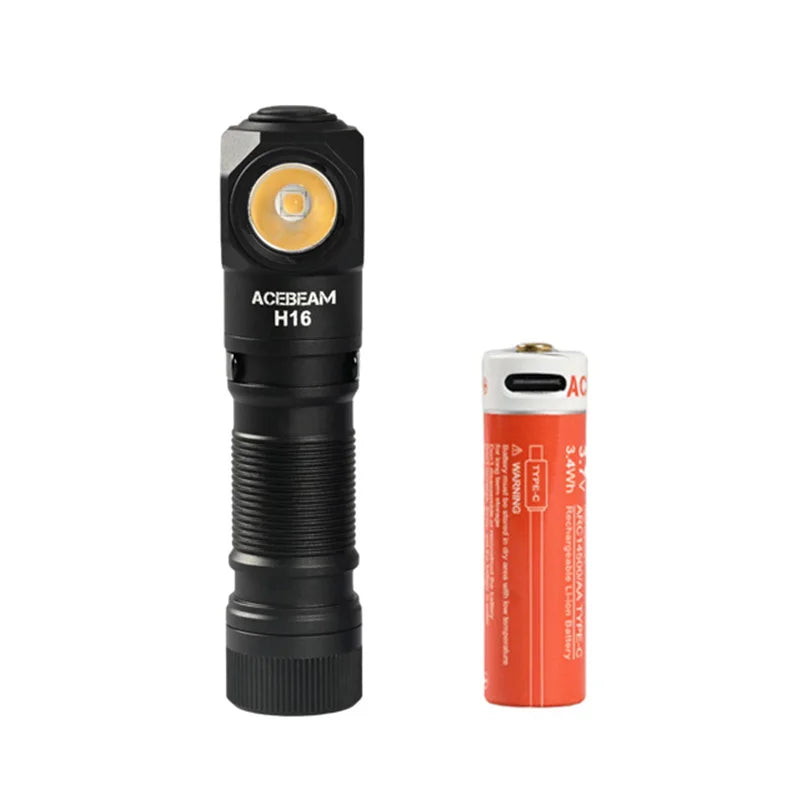 Acebeam H16 flashlight and a battery on a white background