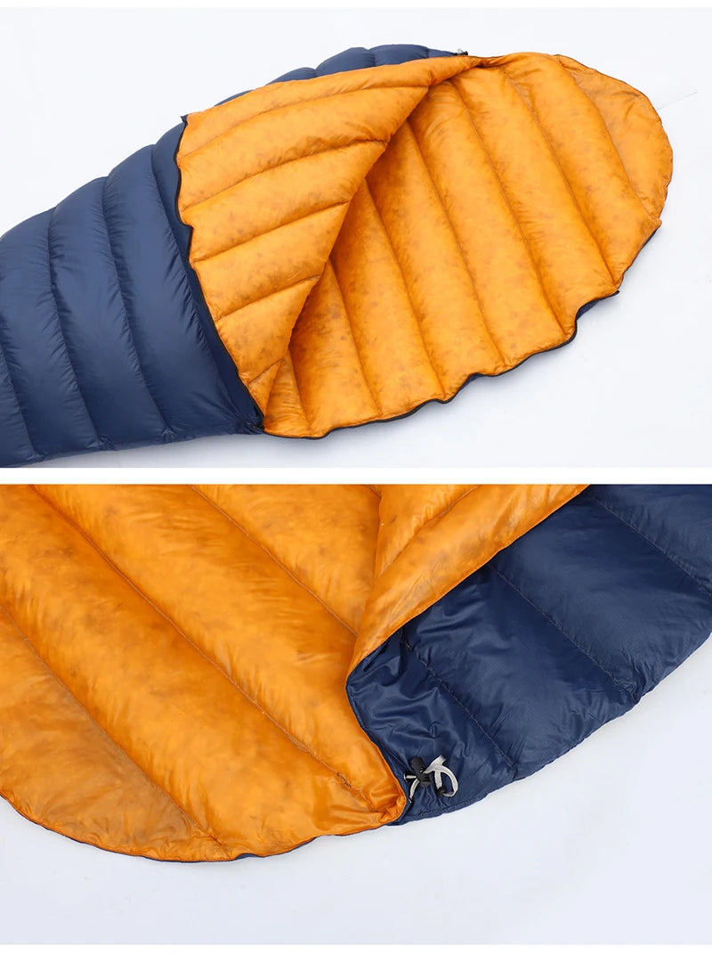 Two views of a blue and orange sleeping bag on a white background