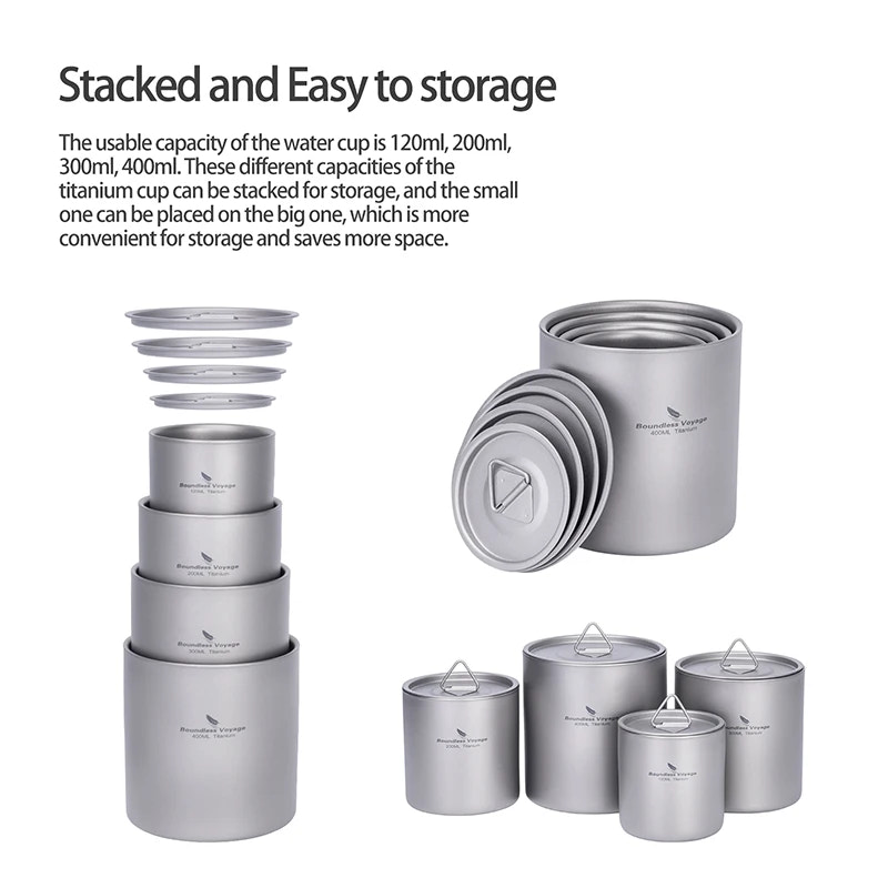 Set of stacked titanium cups with text describing their capacities and storage benefits.